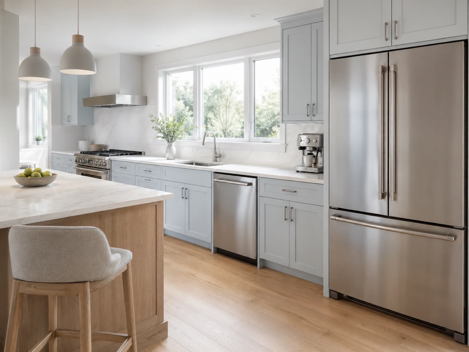 A kitchen with dishwasher, coffee maker and refrigerator