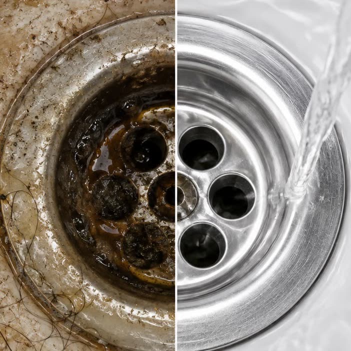 A kitchen sink drain before and after cleaning