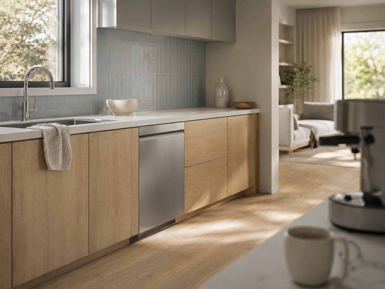 A kitchen with a dishwasher, opening onto a living space