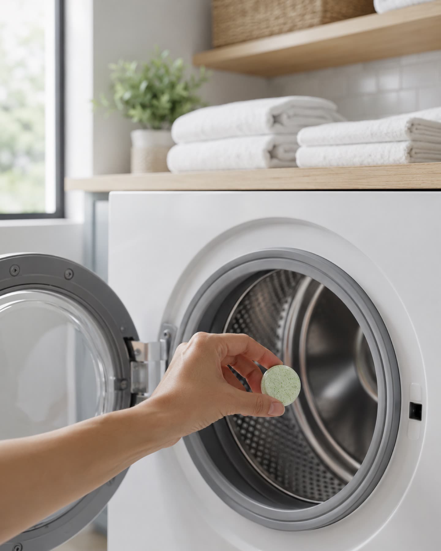 A hand placing a cleaning tablet into a washing machine in a bright laundry room